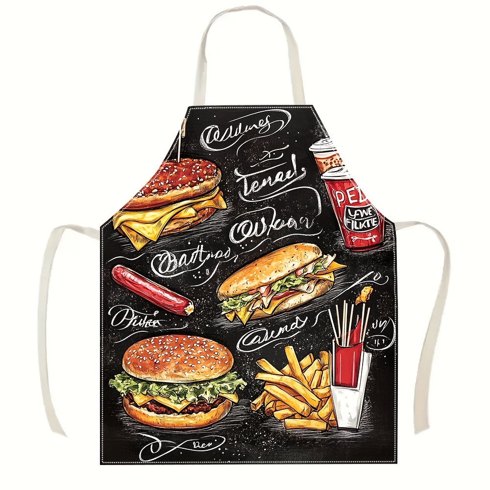 Home Cooking Fast Foods - ผ้ากันเปื้อนลายกราฟฟิตี้เบอร์เกอร์ 1 ผืน สไตล์อเมริกัน สำหรับทำอาหารในครัว ผ้าลินินย้อนยุค